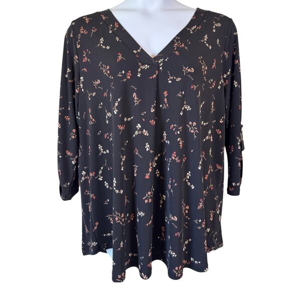 NWT Beacon Black Floral Top Blouse Sz 2X Roll Tab Sleeve Boho Casual Career - Picture 1 of 11
